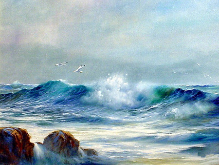 Breaking Waves F2 - owes, clyde owes, coast, shoreline, sea, ocean, seagulls, painting, waves, art, rocks