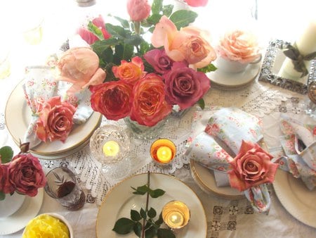 Table - roses, beautiful, table, petals, pink, home, happy, easter, colorful, holiday, guests, welcoming, candles