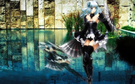 Water Affinity - affinity, anime girl, female, water, beautiful, hot, water affinity, water drop, dress, fan, gothic, big breasts, cute, thigh highs