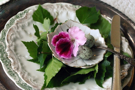 Easter plate - eggs, flowers, plate, setting, table, still life