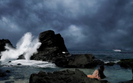 WAITING FOR THE STORM - ocean, beach, female, clouds, waiting, stormy, waves