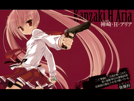 Kanzaki H Aria - pretty, tie, anime, hidan no aria, twintail, pink, uniform, pistol, red, aria the scarlet ammo, weapon, nice, scarlet ammo, pink hair, kanzaki h aria, aria, anime girl, skirt, beautiful, hot, gun, girl, thighhighs, beauty, cool, red eyes, black, white, awesome, kanzaki, cute, sexy