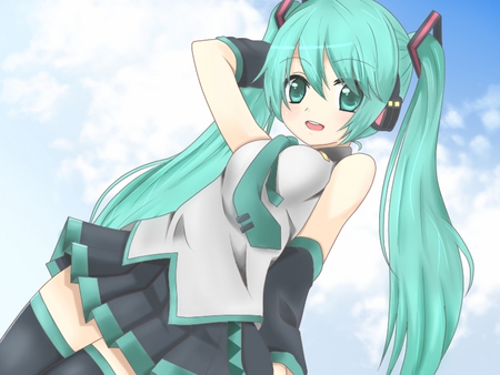 Hatsune Miku - tie, pretty, artistic, uniform, headphones, nice, program, hot, thighhighs, beauty, virtual, cg, white, cute, aqua eyes, song, sexy, vocaloid, anime, blue, twintail, hatsune miku, microphone, music, aqua, art, sky, idol, clouds, anime girl, skirt, beautiful, singer, girl, cool, black, miku, awesome, diva, digital, aqua hair, hatsune, vocaloids, headset