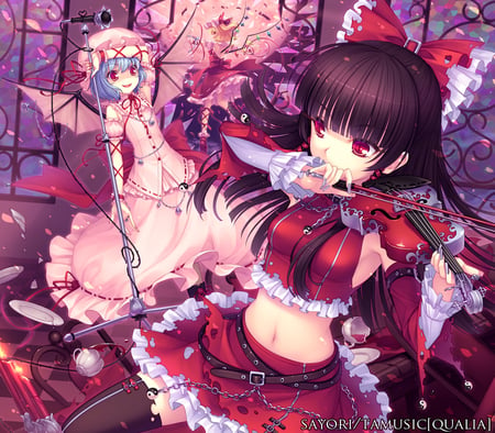 Touhou - red eyes, blue hair, flandre scarlet, long hair, hakurei reimu, dress, brown hair