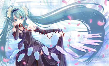 Miku - bows, thigh highs, flower petals, gloves, hatsune, twin tails, head band, vocaloid, lace, ribbon, dress