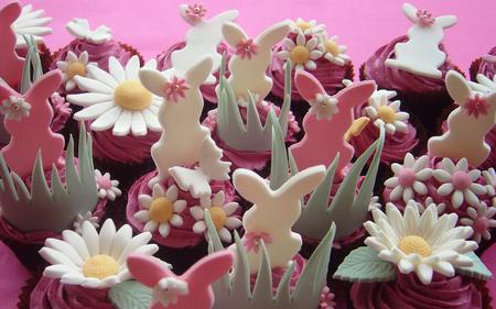 bunnies and flowers - pretty, pink, bunnies, flowers, sweet, holidays, easter, white, holiday