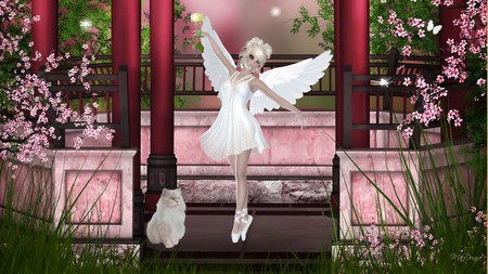 Fairy Dance - cat, angel, kitty, gazebao, ketten, sakura, oriental, fairy, grass, cherry blossoms