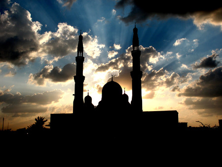 mosque silhouette - mosque, beauty, beautiful, sun, sky, religious, worship, building, clouds, photography