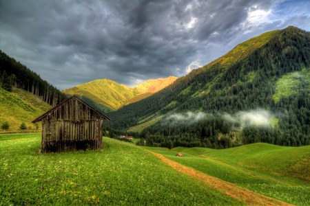 Landscape-HDR - nice, sky, trees, peaceful, photography, mountains, road, calm, pretty, cool, walk, clouds, green, hdr, grass, harmony, houses, landscape, lovely, lawn, forest, beautiful, flowers