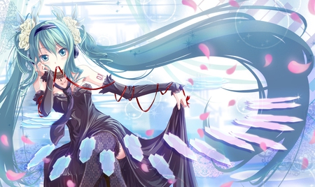 Hatsune Miku - pretty, artistic, pink, nice, program, hot, thighhighs, beauty, virtual, petals, cg, white, cute, aqua eyes, song, sexy, vocaloid, anime, twintail, dress, hatsune miku, long hair, music, aqua, stockings, red, black dress, art, sky, idol, clouds, anime girl, sakura, beautiful, singer, girl, cool, maid, black, necklace, miku, awesome, diva, digital, string, aqua hair, hatsune, vocaloids