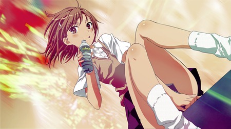 Misaka Mitoko - school uniform, water bottle, pretty, thigh highs, misaka mitoko, toaru majutsu no index, cute, toaru kagaku no railgun