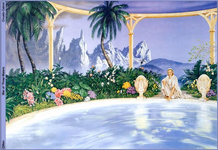 Three Waters - flowers, fantasy, water, columns, pool, snow, mountains, imagination