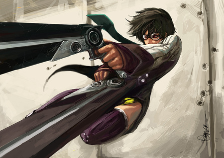 Top Gun - game, anime, female, s4 league, guns, girl, cool, short hair, glasses, revolver, wall