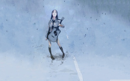 Black Rain - vector, girl, guitar, rain, music, hd, school dress, school girl, emo