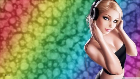 Rainbow Music - female, headphone, hot, hottie, hair, music, eye, pretty, style, sexy, rainbow, girl, fashion, hd, pink, 3d, babe, blonde