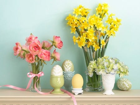 happy easter  tedisoo - flowers vase, delicate, easter, bouquet, eggs, home, yellow, forever, arrangement, love, slelf, stilllife, fashion, vase, still, entertainment, centerpiece, floral, pink, pinkribbon, sweet, flowers, photo