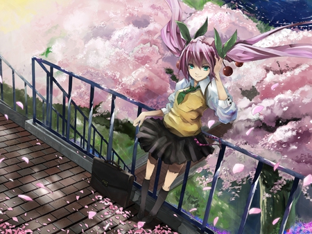 Sakura Miku - tie, pretty, artistic, realism, real, pink, uniform, path, pink eyes, nice, walkway, program, thighhighs, beauty, virtual, petals, cg, school uniform, green, cute, aqua eyes, song, vocaloid, anime, blue, twintail, school, hatsune miku, bag, music, aqua, pink hair, art, sky, idol, clouds, anime girl, sakura, skirt, realistic, beautiful, singer, girl, cool, sakura trees, miku, awesome, diva, digital, hatsune, vocaloids