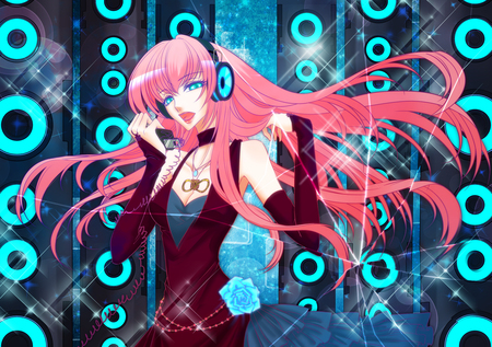 Megurine Luka - aqua, headset, music, anime girl, white, art, cool, aqua eyes, artistic, song, vocaloids, program, vocaloid, beautiful, pink, diva, nice, beauty, singer, black, virtual, pretty, megurine luka, idol, anime, cute, megurine, luka, girl, pink hair, cg, microphone, headphones, blue, digital, awesome