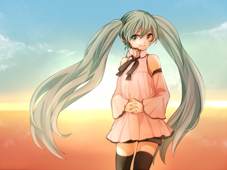 Hatsune Miku - horizon, aqua, headset, thighhighs, music, sunset, anime girl, white, art, cool, aqua eyes, hatusne, artistic, hatsune miku, skirt, outift, song, vocaloids, program, vocaloid, beautiful, sea, diva, beauty, nice, sky, beach, twintail, singer, aqua hair, black, virtual, pretty, idol, clouds, orange, anime, miku, cute, ocean, girl, cg, microphone, headphones, awesome, digital