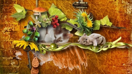 Autumns Sleepy Kitty - mushrooms, fall, brick, wall, kittens, cats, antique, key, vintage, firefox persona, berries, autumn