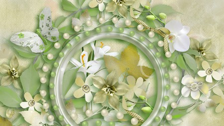 White Butterfly Green - abstract, beads, firefox persona, framed, leaves, grunge, flowers, green, white butterfly