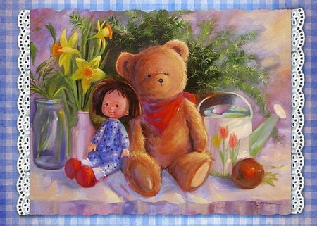 happy easter to  all  on DN - vase, watercan, teddybear, table, daffidils, apple, jar, doll