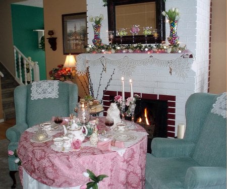 Fireside Spring Tea - fireplace, setting, table, spring, tea, living room