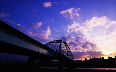 Lilac Sunset - sky, amazing, clouds, architecture, sunset, lilac, bridge