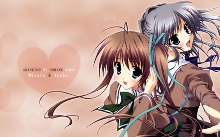 Minato and Yuuhi - girls, akane iro ni somaru saka, long hair, schoolgirls, katagiri yuuhi, brown hair, nagase minato, short hair, gray hair