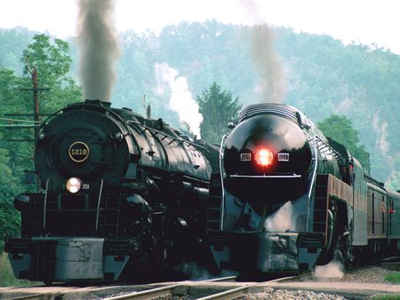 steam trains of past - train, trees, hills, mountains, steam, iron