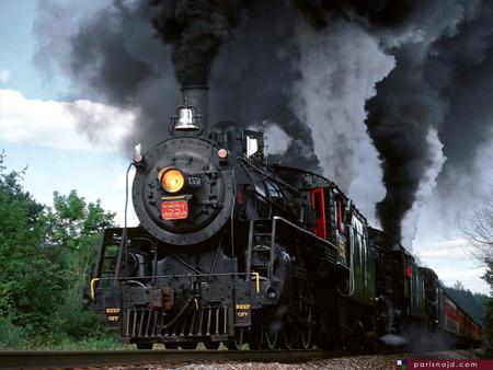 steam train - train, trees, rail road, iron, track, sky