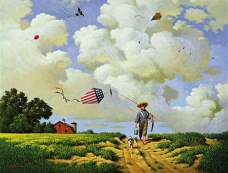 catch  of the day - trees, boy, dog, clouds, kites, grass, path, barn