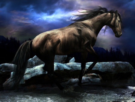 Dream Of Night - horses, dark, animals, night, water, rocky