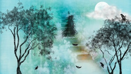 Mystical Stairway - moon, trees, feathers, mystical, fantasy, raven, ghost, cloud, mythical, firefox persona