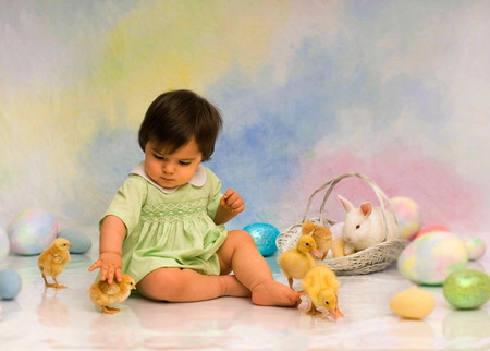 First Easter - eggs, girl, baby, chicks, bunnies, easter, pastels