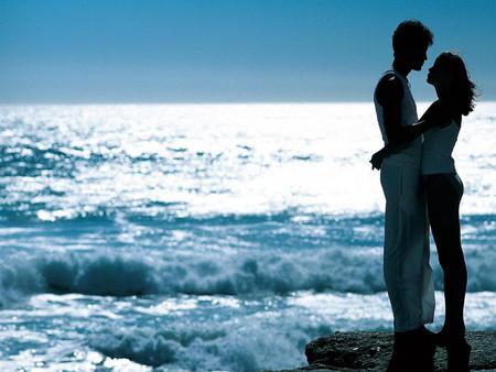 Lovers - people, she, romantic, sea, love, man, woman, waves, he