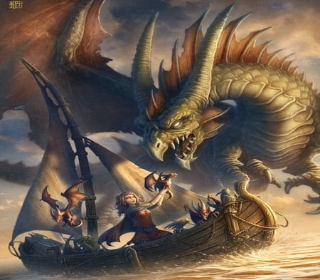 Thief - abstract, fantasy, dragon, little dragons, boat, girl, sea, wallpaper