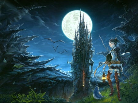 Otherworld - moon, anime, girl, night, castle