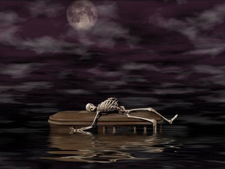 Buried At Sea - moon, water, skeleton, coffin, night