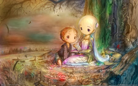 Fantasy - girl, boy, colors, blush, book, cute