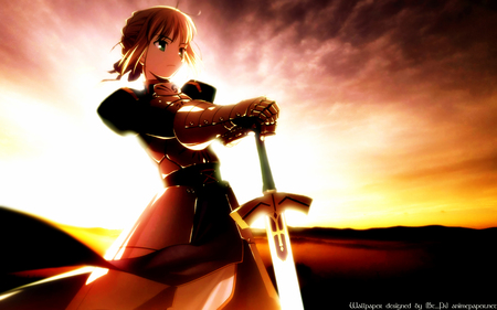 Saber - saber, anime, girl, sword, cool, arthur, servant, wind, sunset, stand, king, cloud, nice, fate stay night