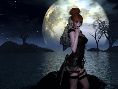 Gothic - woman, moon, gothic, 3d