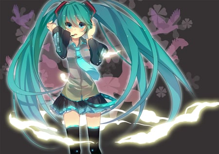 Hatsune Miku - aqua, headset, magic, thighhighs, music, anime girl, white, art, purple, cool, aqua eyes, artistic, hatsune miku, skirt, light, song, vocaloids, program, glow, vocaloid, beautiful, uniform, blush, diva, beauty, nice, twintail, singer, aqua hair, black, virtual, pretty, idol, anime, miku, cute, girl, cg, hatsune, microphone, headphones, tie, awesome, flowers, digital, gray