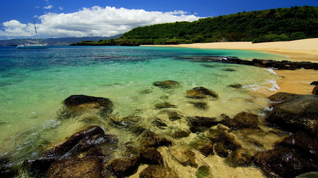 Amazing Beach - sky, beach, wave, rocks, oceans, amazing, blue, green, sea