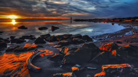 Red Sunset - sky, beach, dark, red, sunset, rocks