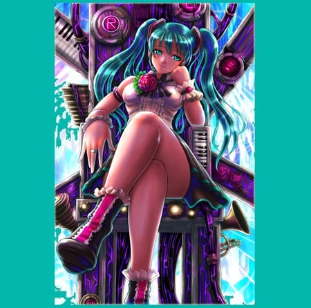 I am Thinking - aqua, hot, thighhighs, anime girl, stockings, white, art, cool, artistic, hatsune miku, sexy, skirt, vocaloids, vocaloid, beautiful, uniform, diva, nice, beauty, sky, twintail, singer, black, virtual, pretty, idol, anime, miku, cute, girl, cg, hatsune, hd, tie, digital, awesome