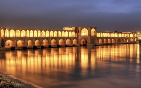 Khaju Bridge - sky, nature, iran, reflection, beautiful, khaju, architecture, rivers, monuments, bridges, lights