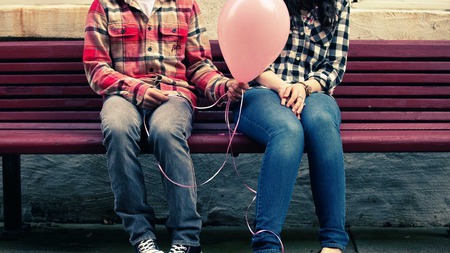 Timidity - park bench, timidity, romantic, girl, moment, boy, balloon