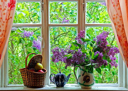 Spring inside and out - fruit, window, spring, lilac trees, vase, teapot, lilacs