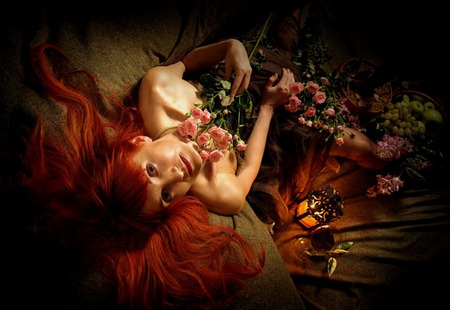 Rose Red - woman, redhead, roses, female, lantern, flowers